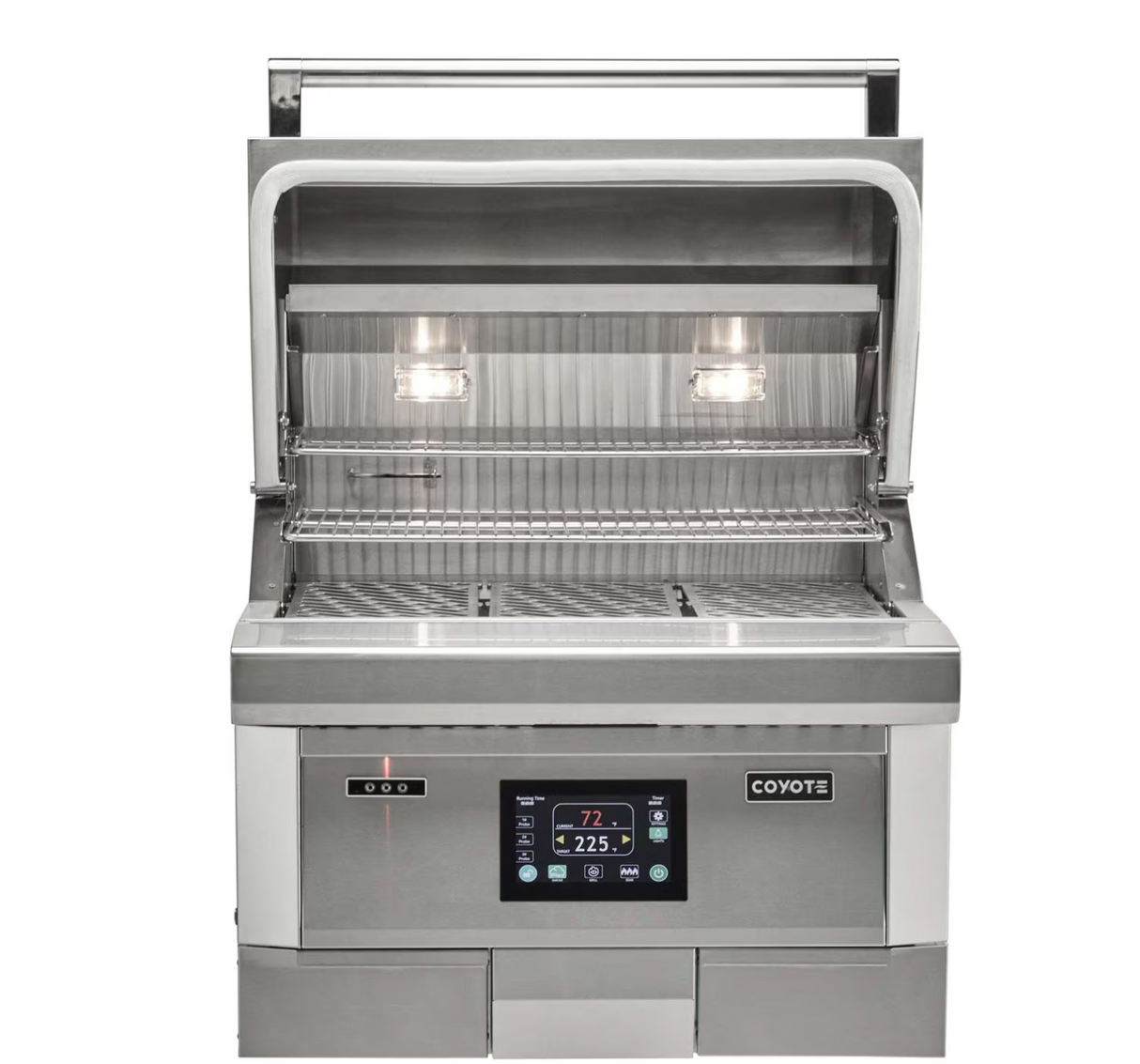 Coyote 28-Inch Built-In Pellet Grill with lid open showing cooking grates
