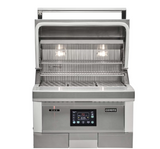 Coyote 28-Inch Built-In Pellet Grill with lid open showing cooking grates