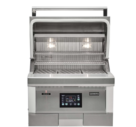 Coyote 28-Inch Built-In Pellet Grill with lid open showing cooking grates