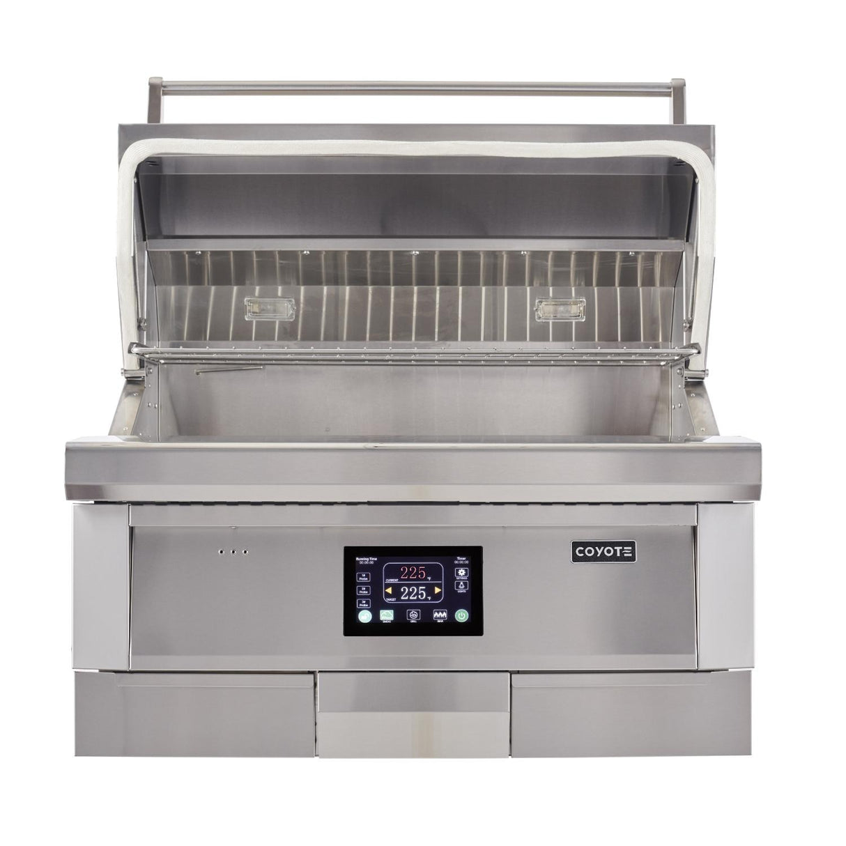 Coyote 36-Inch Built-In Pellet Grill with hood open and stainless steel grates