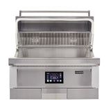 Coyote 36-Inch Built-In Pellet Grill with hood open and stainless steel grates