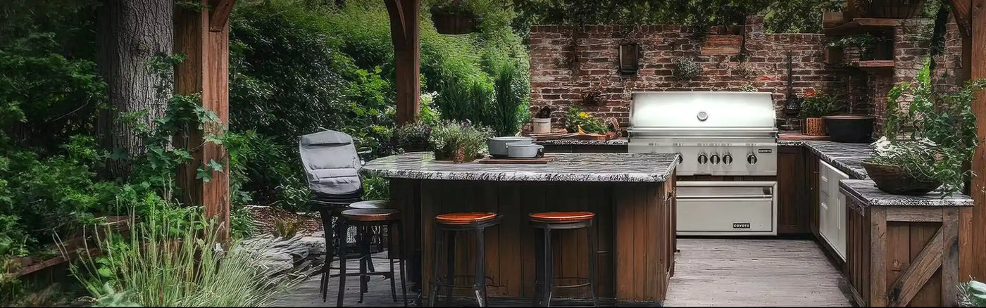 Rustic garden outdoor kitchen in Houston featuring a premium Coyote gas grill, custom wood island with bar seating, and stone countertops.