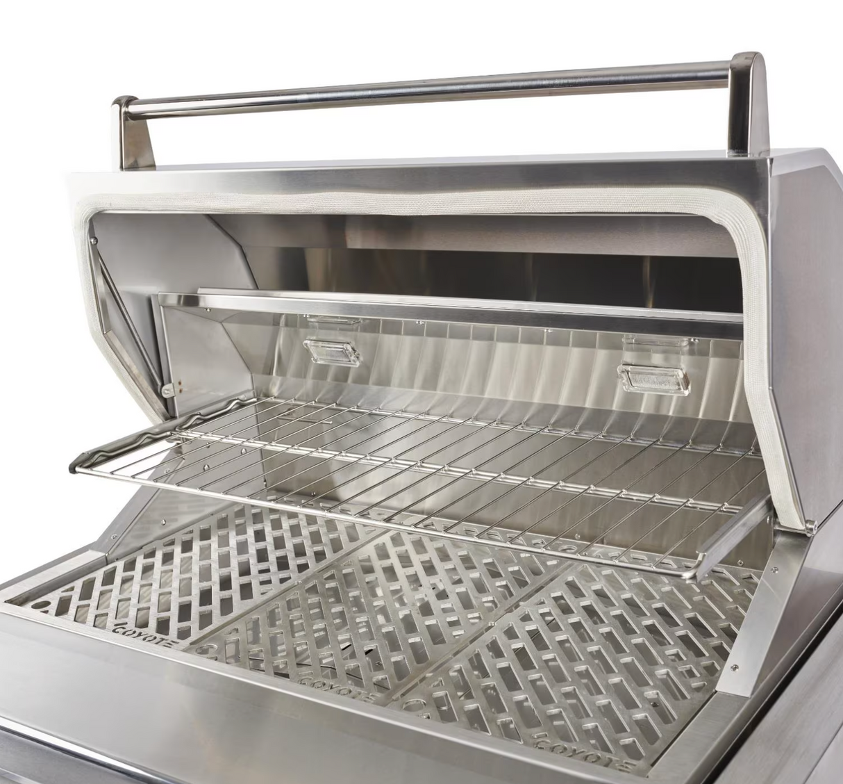 Right side view of the Coyote pellet grill hood open with sear and smoke grates