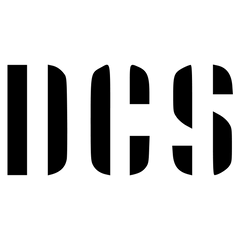 DCS logo in bold black stencil-style lettering.