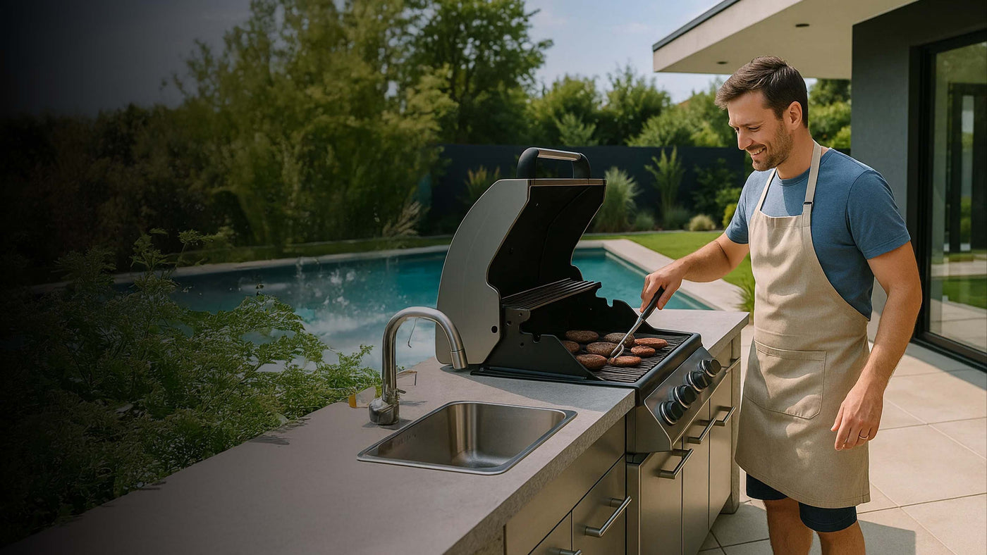 Father's Day Grill Sale at Texas Star Grill Shop - Dad cooking on his gas grill inside his outdoor kitchen in his backyard