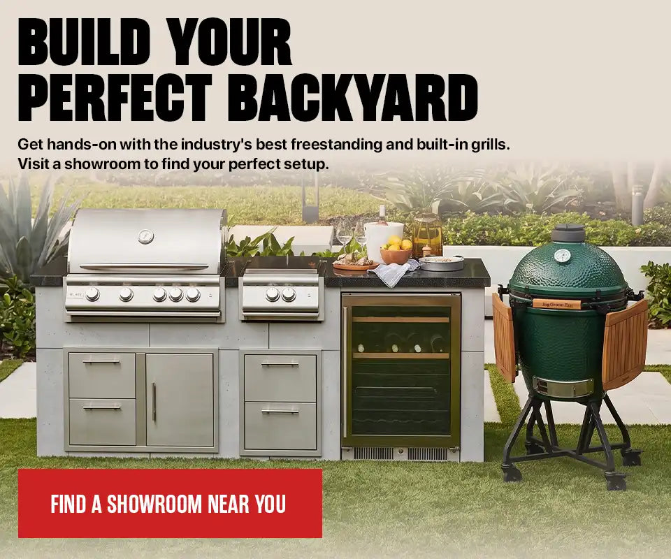 Build Your Perfect Backyard. Get hands-on with the industry's best freestanding and built-in grills. Visit a showroom to find your perfect setup. A premium built-in grill island next to a freestanding kamado grill. Find a showroom near you.