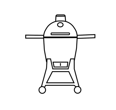 Line art of a kamado-style charcoal grill on a wheeled cart with side shelves, similar to Kamado Joe or Big Green Egg.