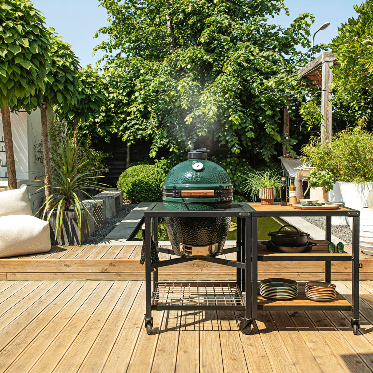 Large Big Green Egg in Modular Nest with Expansion and 3 Acacia Inserts Package