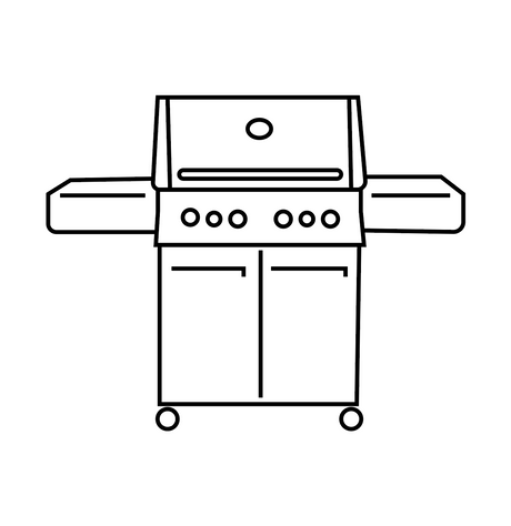 Line art of a Napoleon Prestige PRO 500 freestanding gas grill with side shelves, control knobs, and lower cabinet on wheels.
