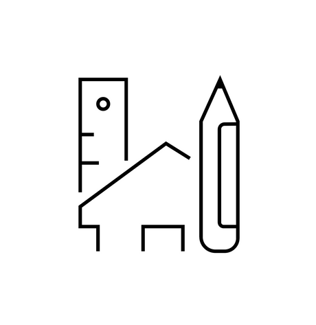Line art icon of a house with a ruler and pencil, representing outdoor kitchen design and planning.