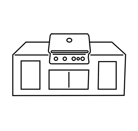 Outdoor kitchen island with built-in stainless steel gas grill and storage cabinets, black and white line drawing.