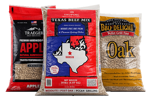 Three packages of different types of wood pellets on a white background