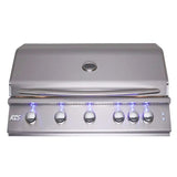 RCS 40-Inch 5-Burner Premier Gas Grill Built-in with blue led lights above the control knobs