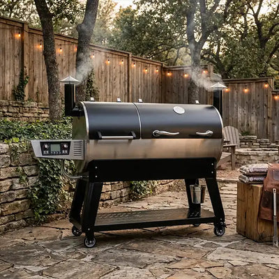 A premium recteq Dual Fire 1200 pellet grill and smoker, featuring its unique dual-chamber design with both direct flame and indirect cooking zones, smoking on a rustic stone and wood patio. Text indicates 'RECTEQ DUAL FIRE 1200' and a list of key features.