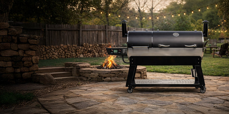 Recteq Dual FIre Wood Pellet Grill on rustic backyard background