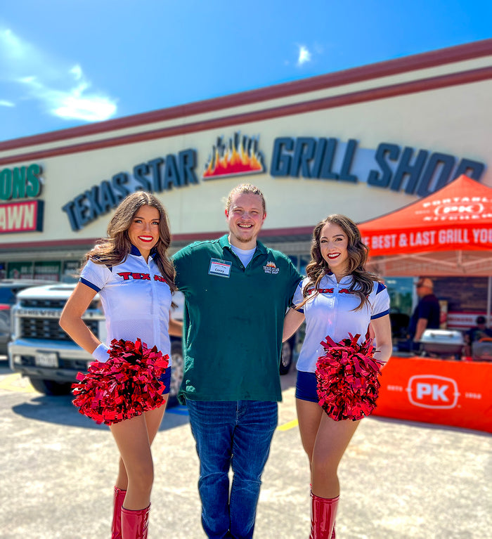 Texas Star Grill Shop Woodlands / Spring location event with Houston Texans cheerleaders and team member outside store