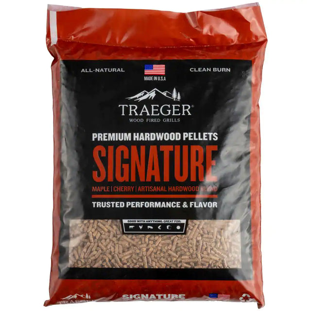 20 pound bag of traeger's signature wood pellets, a mix of hickory, maple, and cherry