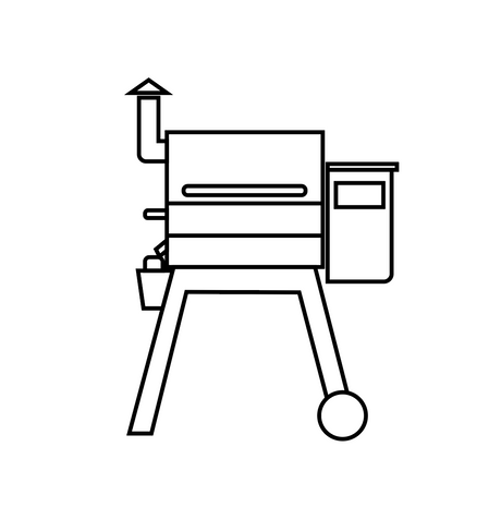 Line art of a Traeger-style pellet grill with smokestack, side hopper, and drip bucket.