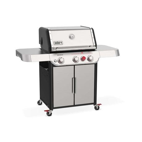 Right angled view of Weber Genesis SP-S-325 gas grill with stainless steel lid and cabinet base