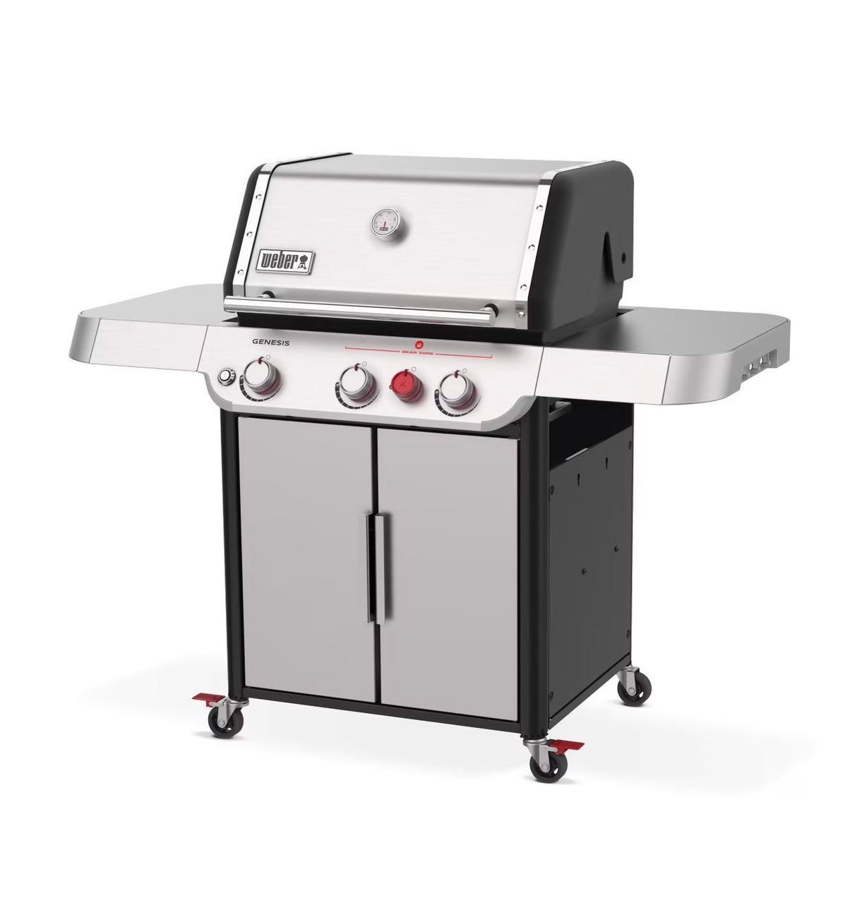 Front angle view of Weber Genesis SP-S-325 gas grill with stainless steel lid and cabinet base
