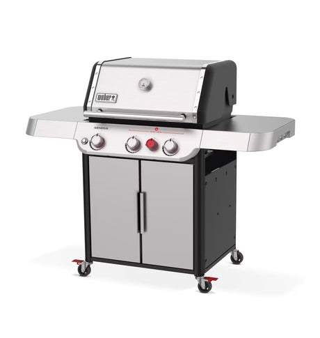 Front angle view of Weber Genesis SP-S-325 gas grill with stainless steel lid and cabinet base