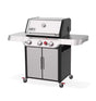 Front angle view of Weber Genesis SP-S-325 gas grill with stainless steel lid and cabinet base