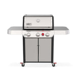Full frontal image of Weber Genesis SP-S-325 grill showing three control knobs and cabinet