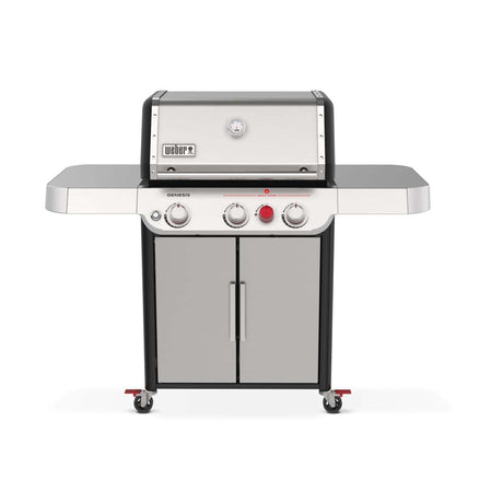 Full frontal image of Weber Genesis SP-S-325 grill showing three control knobs and cabinet