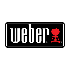 Weber Grills logo with white text and red kettle grill icon on a black background.
