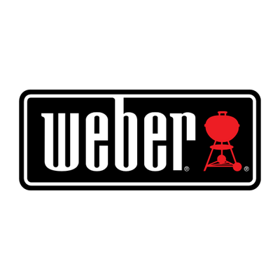 Weber Grills logo with white text and red kettle grill icon on a black background.