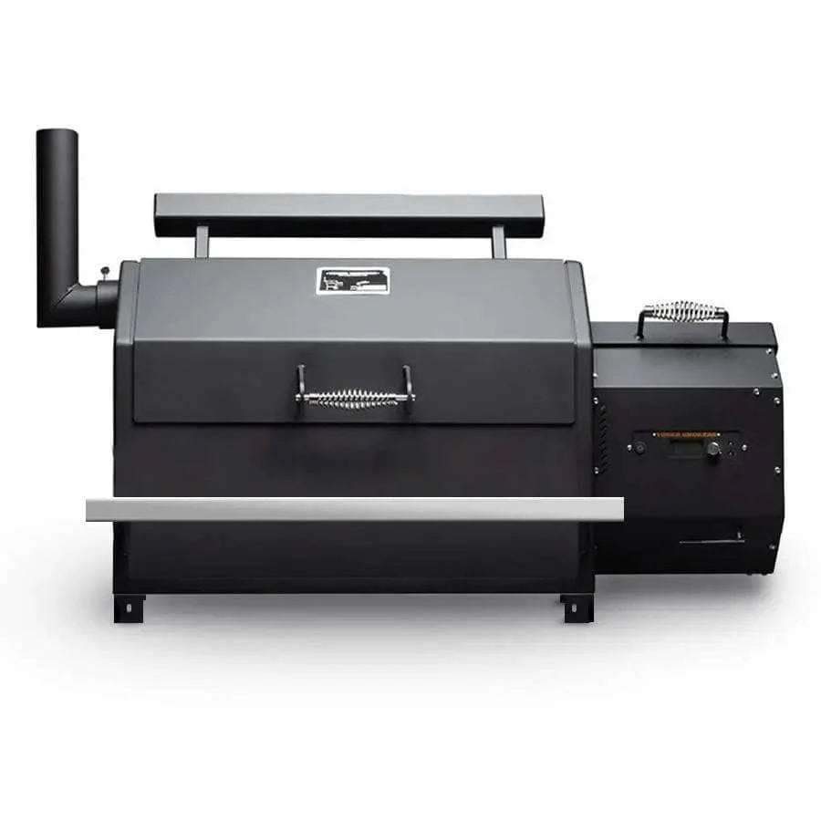Side view of Yoder Smokers YS640s built-in pellet grill showing pellet hopper and exhaust stack on opposite sides