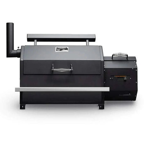 Side view of Yoder Smokers YS640s built-in pellet grill showing pellet hopper and exhaust stack on opposite sides