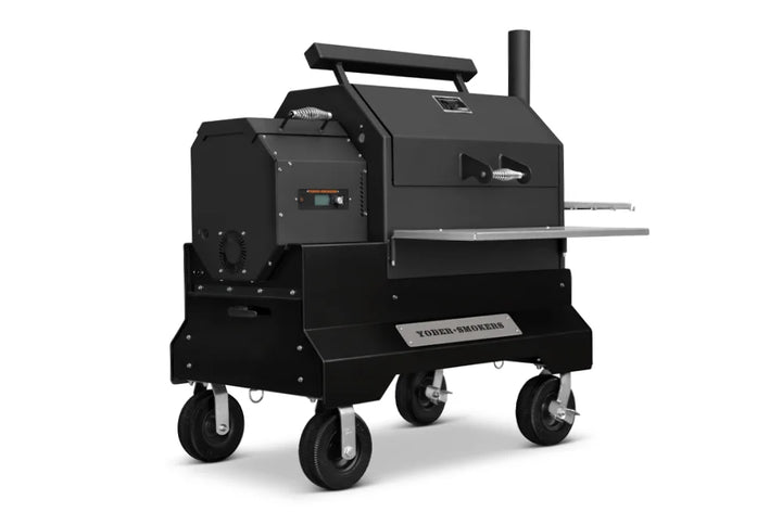 Yoder Smokers Wood-Fired Pellet Grill YS640S Comp (Black) + Stainless Steel Shelves + 10inch Wheels + 2nd Level Slide Out Cooking + Storage Drawer