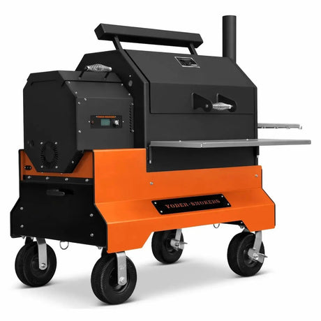 Yoder YS640S pellet grill with orange competition cart, 8-inch wheels, stainless steel shelves and storage drawer