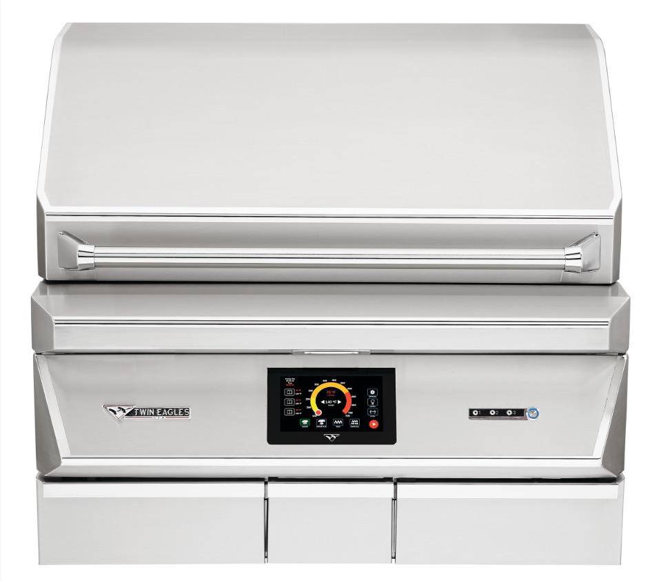 Twin Eagles 36-inch built-in wood pellet grill and smoker with Wi-Fi control, stainless steel construction, and touchscreen display.