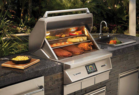 Twin Eagles 36-inch built-in pellet grill with touchscreen controls, loaded with brisket, chicken, corn, and vegetables in a luxury outdoor kitchen.