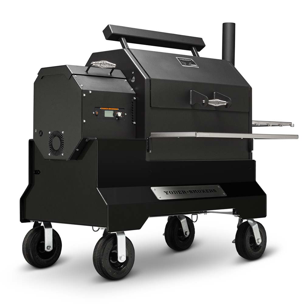 Yoder Pellet Grill YS640S Comp (Black) + Stainless Steel Shelves + 10inch Wheels + 2nd Level Slide Out Cooking - Texas Star Grill Shop 9612B23-000