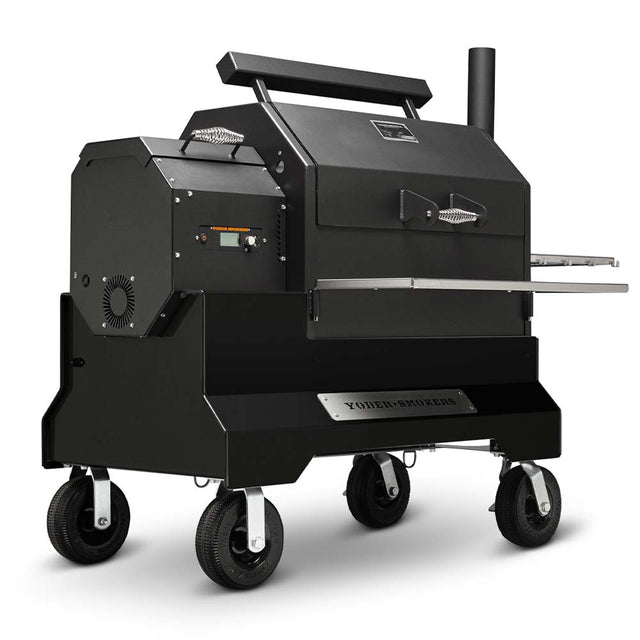 Yoder Pellet Grill YS640S Comp (Black) + Stainless Steel Shelves + 8inch Wheels + 2nd Level Slide Out Cooking - Texas Star Grill Shop 9612B22-000