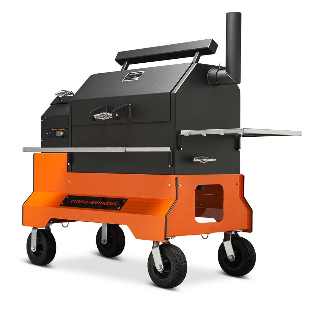 Yoder Pellet Grill YS640S Comp (Orange) + Stainless Steel Shelves + 10inch Wheels + 2nd Level Slide Out Cooking - Texas Star Grill Shop 9612023-000