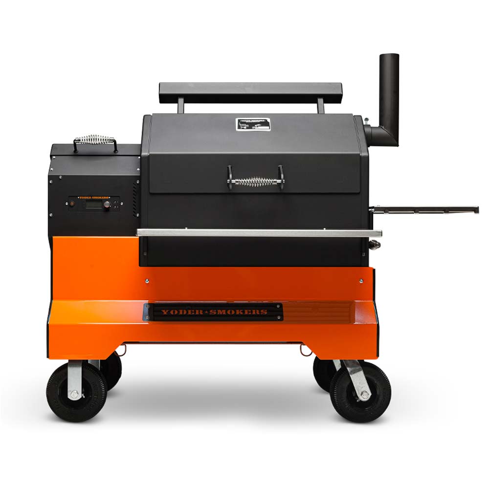 Yoder Pellet Grill YS640S Comp (Orange) + Stainless Steel Shelves + 10inch Wheels + 2nd Level Slide Out Cooking - Texas Star Grill Shop 9612023-000