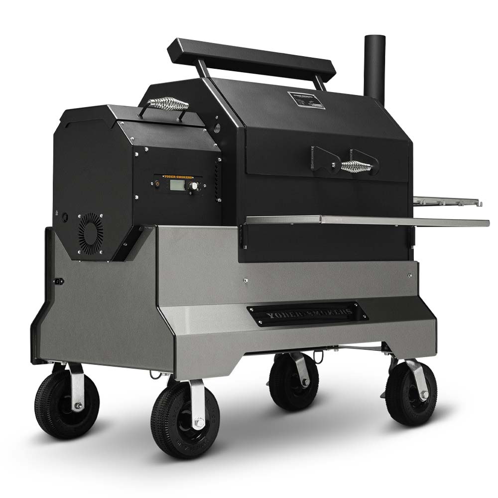Yoder Pellet Grill YS640S Comp (Silver) + Stainless Steel Shelves + 10inch Wheels + 2nd Level Slide Out Cooking - Texas Star Grill Shop 9612S23-000